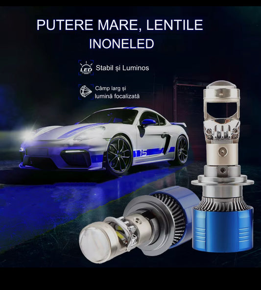 Set 2 becuri LED cu lupa ,Canbus, 280w, 28.000lm, alb 6000k, IP68, compatibil H1, H4, H7, H11