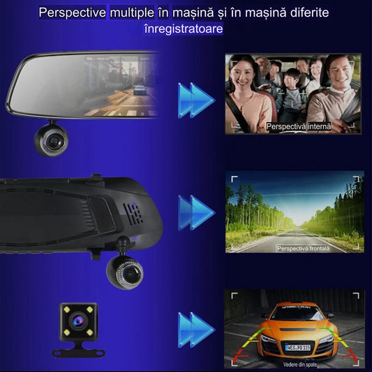 Camera auto bord tripla Fata,Interior si Spate FullHD tip oglinda,intregistrare in bucla,functii de top