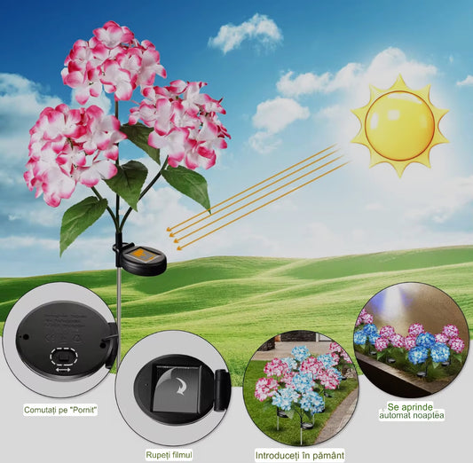 Set 2x Lămpi Solare Decorative Hortensie LED – 70 cm, Iluminare Ambientală, Panou Solar, IP66