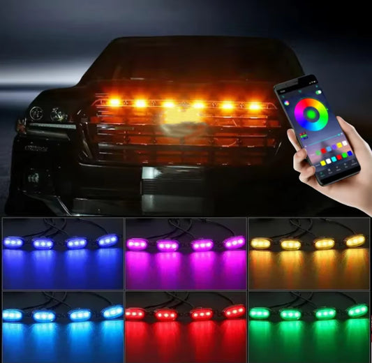 Set 6 lampi auto galbene/RGB aplicatie pentru grila, functii,12v