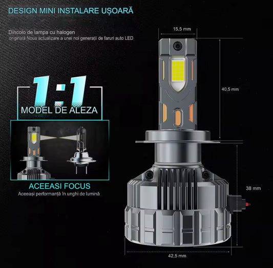 Set 2 becuri LED mini (incap in far fara modificari asupra lungimii) ,Canbus, 280w, 28.000lm, alb 6000k, IP68, compatibil H1, H7, H11