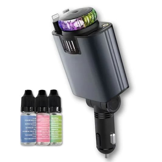 Încărcător auto retractabil  AROMA 5 în 1, 180W, difuzor de parfum, proiecție stelară RGB, 2 cabluri USB-C retractabile și port USB-C, 12V–24V, negru multicolor
