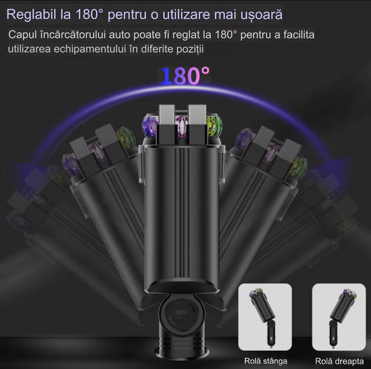 Încărcător auto retractabil  AROMA 5 în 1, 180W, difuzor de parfum, proiecție stelară RGB, 2 cabluri USB-C retractabile și port USB-C, 12V–24V, negru multicolor