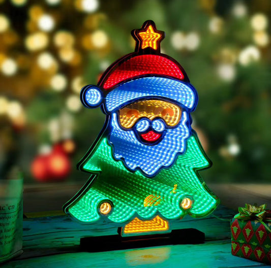 Decorațiune LED de Crăciun cu Tunel Infinit de Lumină pe Ambele Fețe, 4 Modele Festive și Suport pentru Masă