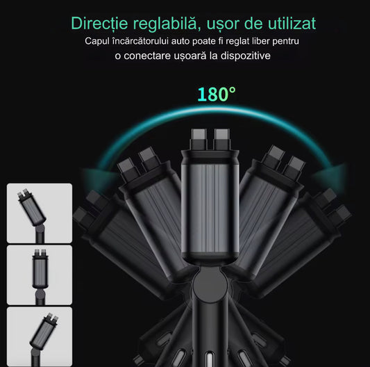 İncărcător auto 4-în-1 cu cabluri retractabile Type-C și Lightning + USB-A/USB-C, încărcare rapidă,afisaj voltaj si  proiecţie led cer înstelat