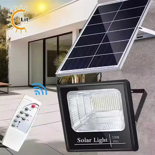 Proiector LED Solar 100-200W cu Telecomandă – Senzor Mișcare & Lumină, IP66, Autonomie 10h