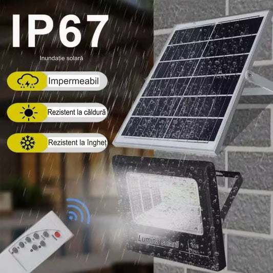 Proiector LED Solar 100-200W cu Telecomandă – Senzor Mișcare & Lumină, IP66, Autonomie 10h