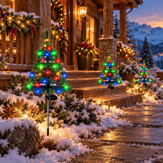 Set 2 Brazi Decorativi cu LED-uri Solare Multicolore – Aprindere Automată Zi/Noapte, Ideali pentru Decorul Exterior de Crăciun