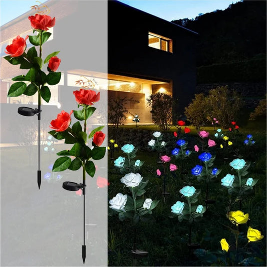 Set 2x Lămpi Solare Trandafir cu 3 Flori LED – Decor Premium pentru Grădină, Alimentare Solară, Montaj Rapid